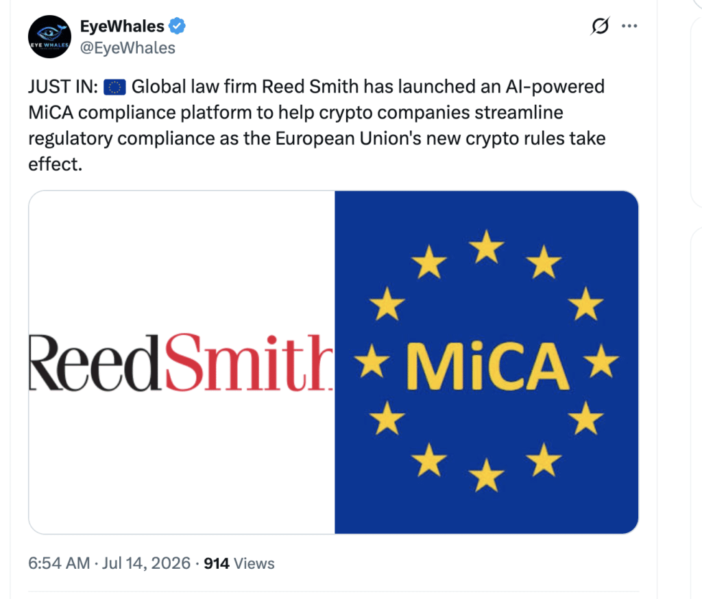 Reed Smith推出MiCA合规平台,助力欧盟加密货币监管-区块链文库