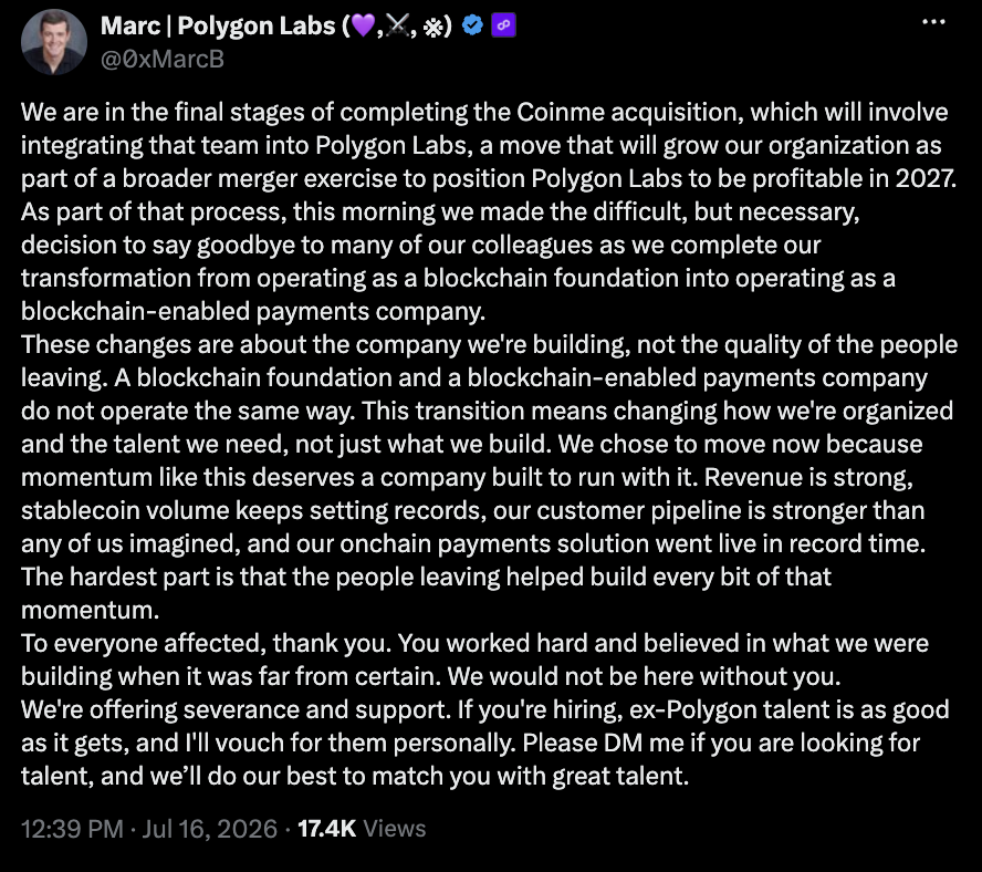 Polygon收购Coinme之际,CEO宣布裁员-区块链文库
