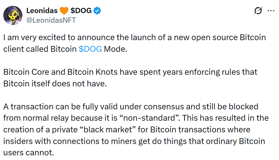 Ordinals倡导者Leonidas提出新比特币客户端:“$DOG模式”-区块链文库
