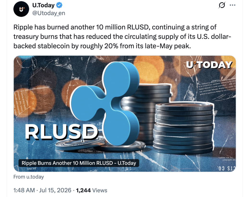 Ripple RLUSD销毁抹去20%稳定币供应-区块链文库