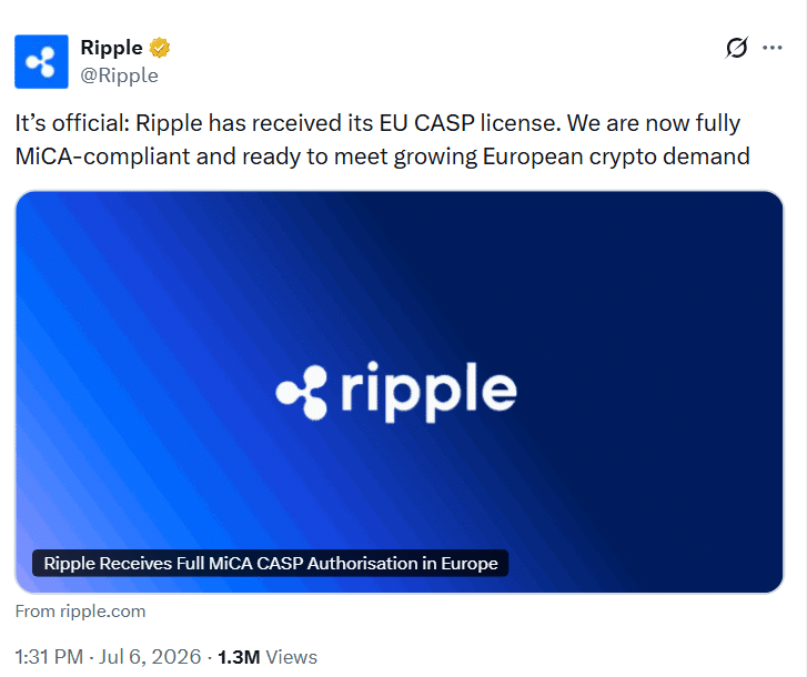 Ripple获MiCA框架下CASP牌照,打开30个EEA市场准入-区块链文库