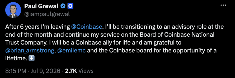 Coinbase首席法务官将于7月31日转任顾问职务-区块链文库