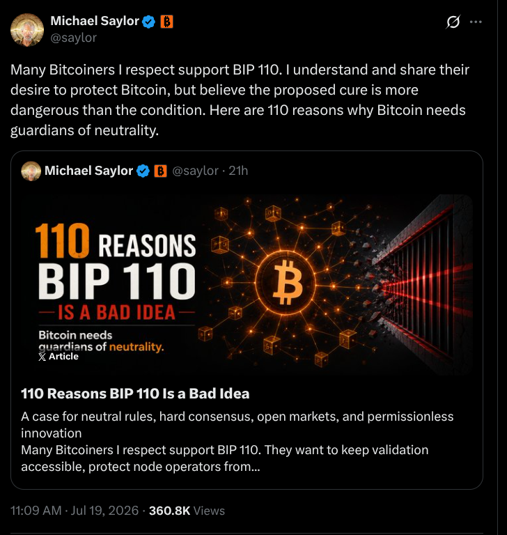 Saylor 再添猛料，列出“110个理由”力证BIP-110是个糟糕主意-区块链文库