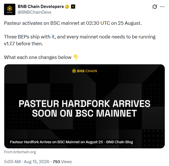 BNB Chain 将启动 Pasteur 硬分叉，币安封禁 16 家加密企业-区块链文库