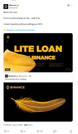 币安为比特币持有者推出“轻量贷款”,限额1000 USDT-区块链文库