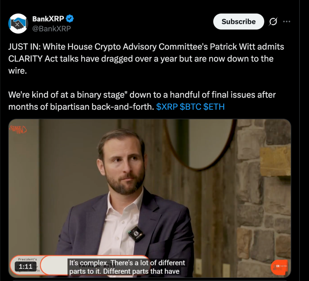 白宫称加密货币协议接近达成，CLARITY法案进入关键阶段-区块链文库