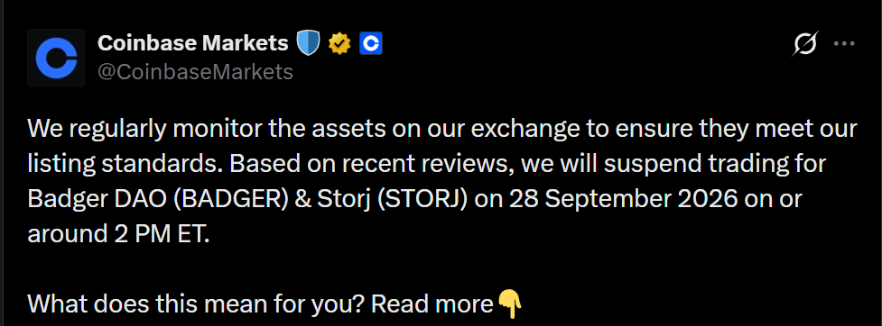 Coinbase下架公告:BADGER和STORJ将于9月28日停止交易-区块链文库