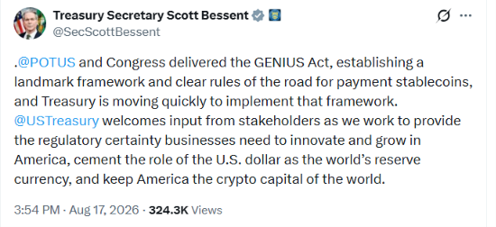 美国财政部就《GENIUS法案》稳定币规则开放公众意见征询期-区块链文库