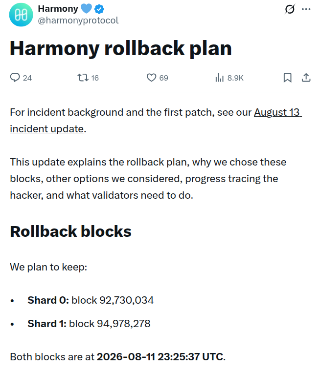 Harmony将在8月11日伪造铸币漏洞后回滚两个分片-区块链文库