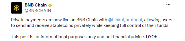 BNB Chain 更新：Hinkal 协议助力私人支付功能上线-区块链文库