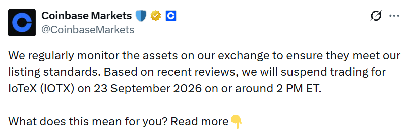 Coinbase下架公告:IoTeX(IOTX)将于9月23日暂停交易-区块链文库