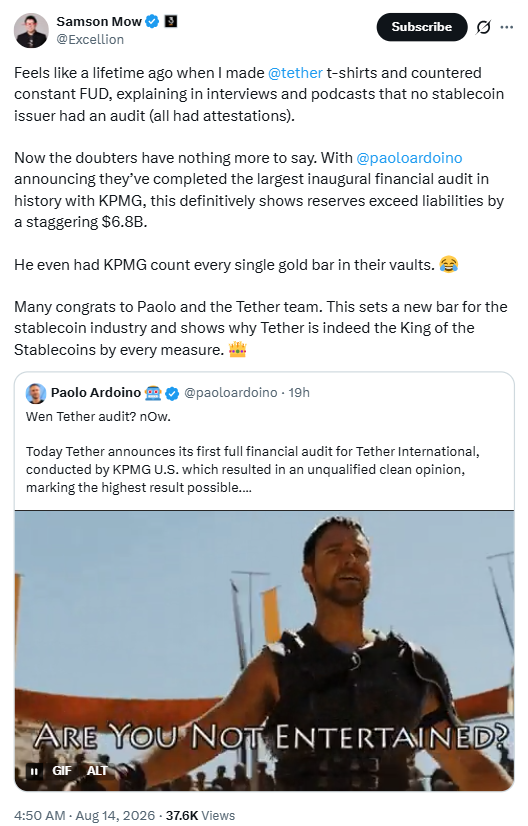 Tether通过KPMG审计，储备金超负债68亿美元-区块链文库