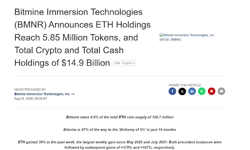 Bitmine购入32,447枚ETH,目标以太坊总供应量5%-区块链文库