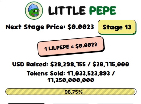 小佩佩预售:已完成98.75%,第13阶段终期,LILPEPE上线日期?-区块链文库