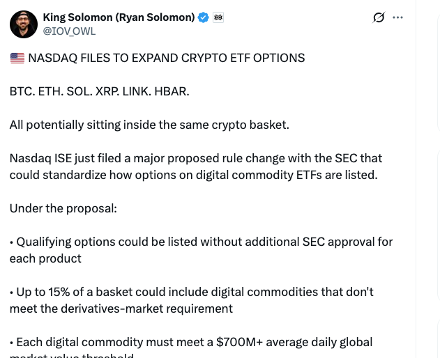 纳斯达克提交申请，拟扩大BTC、ETH、SOL、XRP的加密ETF期权-区块链文库
