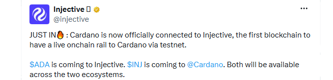 Cardano ADA 新闻：Cardano 与 Injective 联合推出首个 IBC Rail-区块链文库