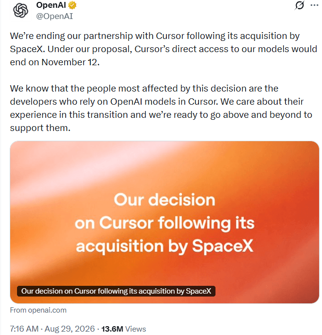 OpenAI新闻：与SpaceX达成交易后抛弃Cursor，设定11月截止日期-区块链文库