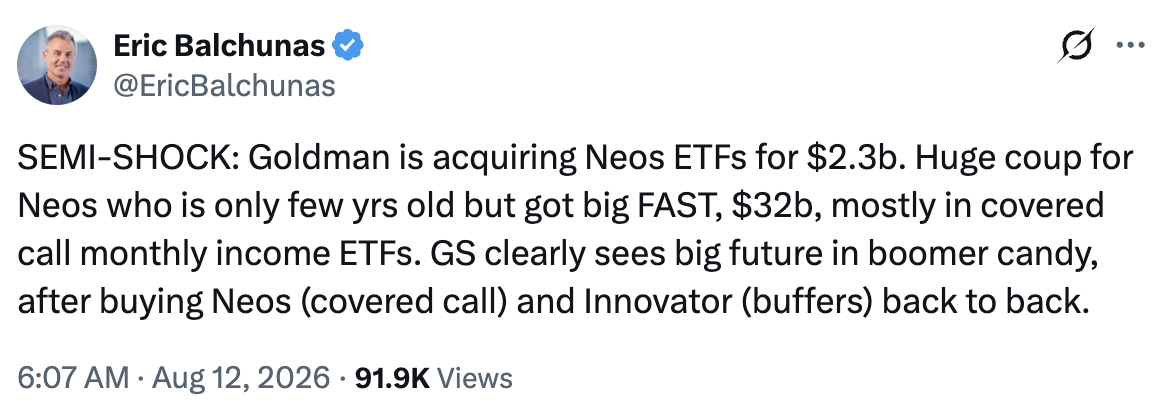 高盛拟以22.5亿美元收购ETF管理公司NEOS-区块链文库