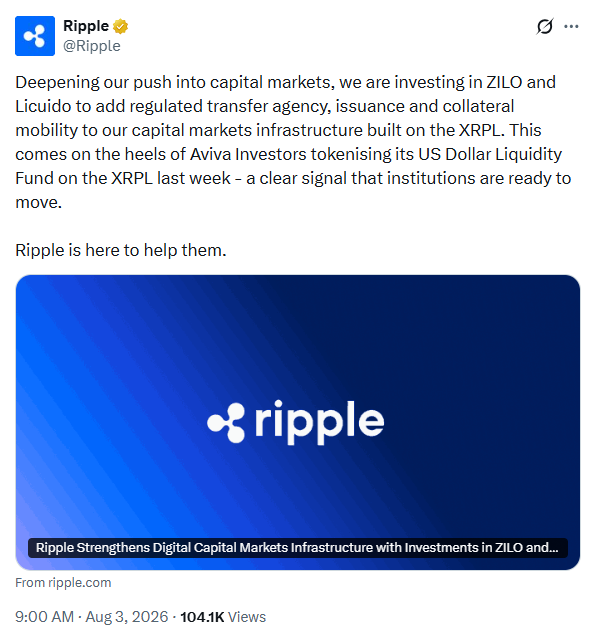 XRP动态:Ripple Labs投资ZILO与Licuido,拓展代币化金融版图-区块链文库