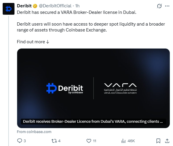 Deribit获迪拜VARA经纪商牌照,Coinbase股价备受关注-区块链文库