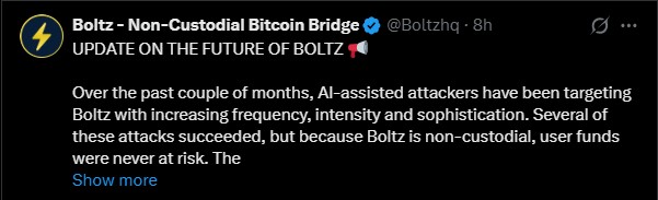 Boltz比特币桥遭AI攻击被迫关闭,现已易主-区块链文库