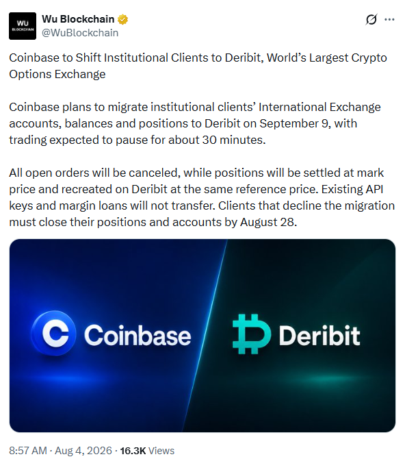 Coinbase将企业客户迁至Deribit,盘前股价飙升-区块链文库