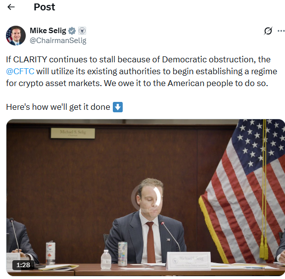 CFTC加密货币规则迫近，Selig警告若CLARITY法案停滞将采取行动-区块链文库