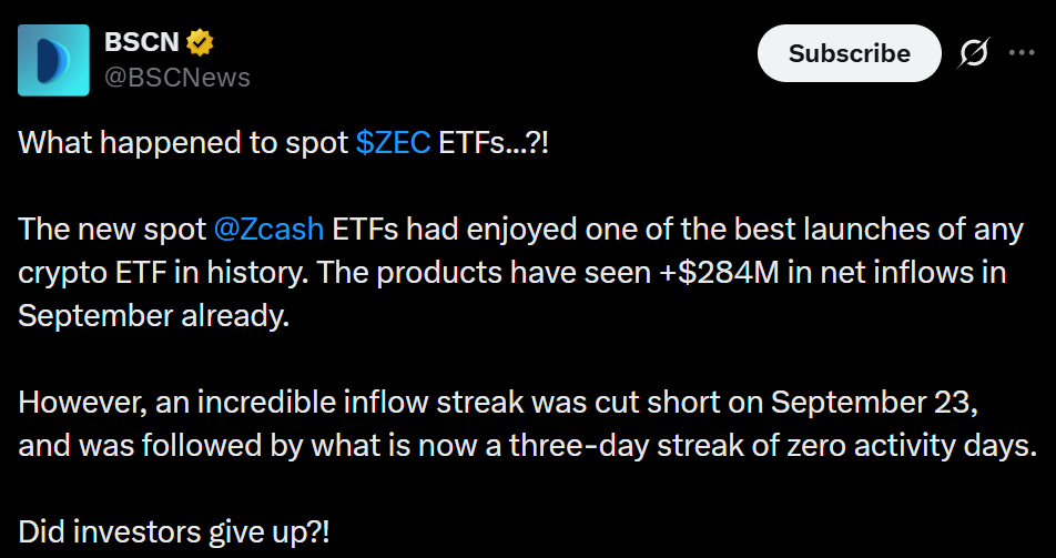 Zcash今日新闻:ZEC ETF突破10亿美元,资金流入突然冻结-区块链文库