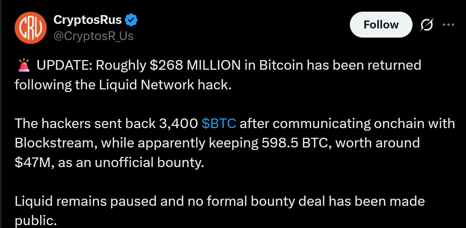 Liquid Network遭黑客攻击：比特币回归，但4700万美元仍下落不明-区块链文库