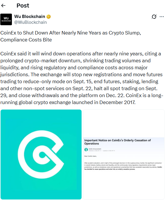 CoinEx结束九年运营,加密货币交易低迷冲击交易所-区块链文库