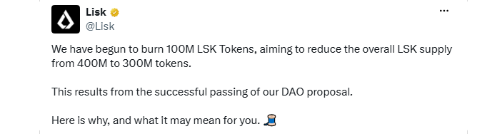 Lisk代币销毁:LSK供应量在十月停机前降至3亿-区块链文库