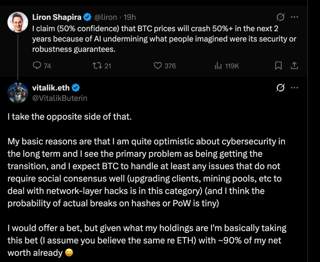 Vitalik Buterin 驳斥比特币暴跌50%的警告,AI安全担忧加剧-区块链文库