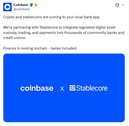 Coinbase 新闻：Stablecore 协议为 3000 多家银行开启加密访问通道-区块链文库