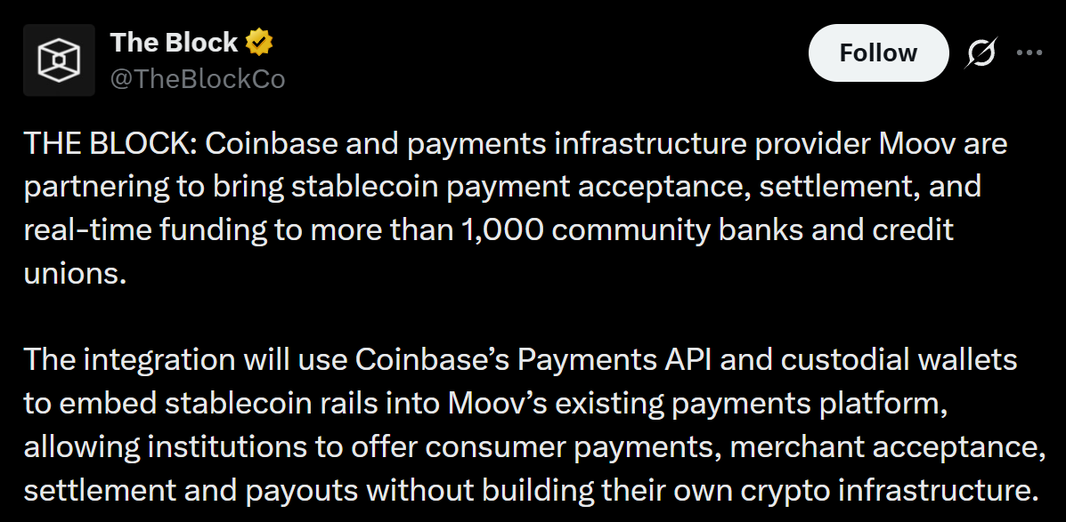 Coinbase与Moov合作撼动1000多家美国银行-区块链文库