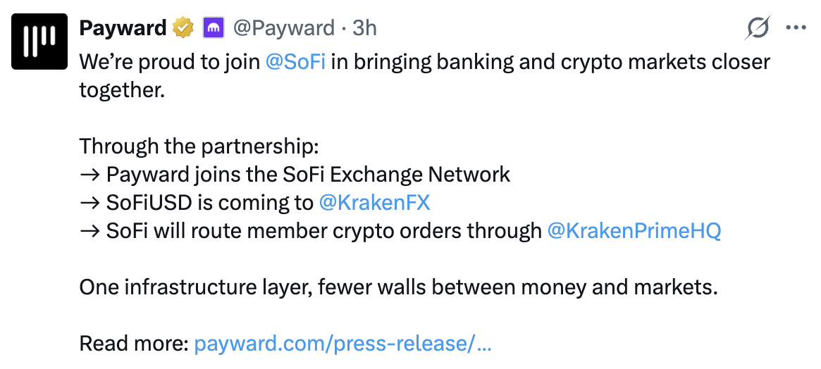 Kraken母公司Payward与SoFi合作，共推稳定币及全天候结算-区块链文库