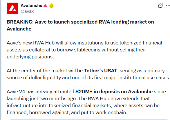 Aave加密资产下跌5%，协议在 Avalanche 上推出RWA借贷中心-区块链文库