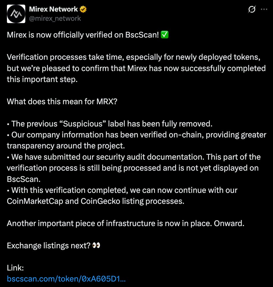 Mirex 网络已通过 BscScan 审核：MRX 标签永久移除-区块链文库