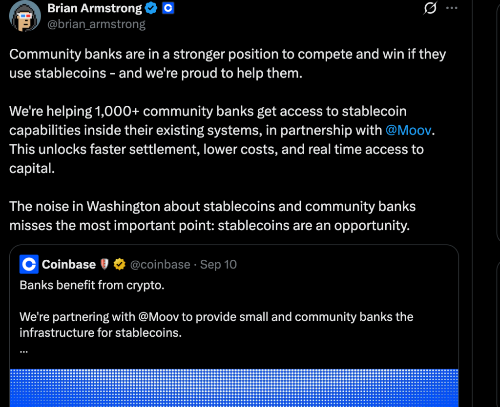 稳定币新闻:Brian Armstrong表示,稳定币可以帮助社区银行赢得竞争-区块链文库