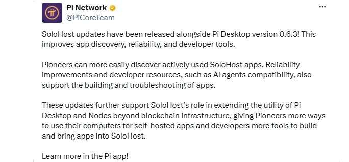 Pi Network新闻：SoloHost更新伴随Pi桌面版0.6.3发布-区块链文库