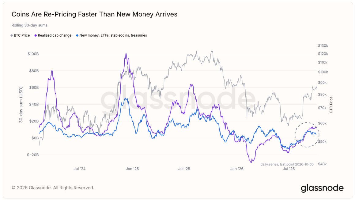 比特币月度“新资金”流入接近50亿美元,BTC价格涨势停滞-区块链文库