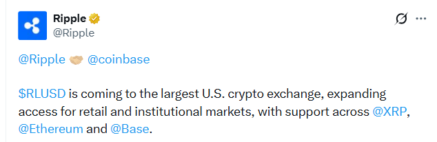 Ripple 携手 Coinbase,拓展 RLUSD 在 XRP、以太坊和 Base 平台上的零售与机构市场覆盖-区块链文库