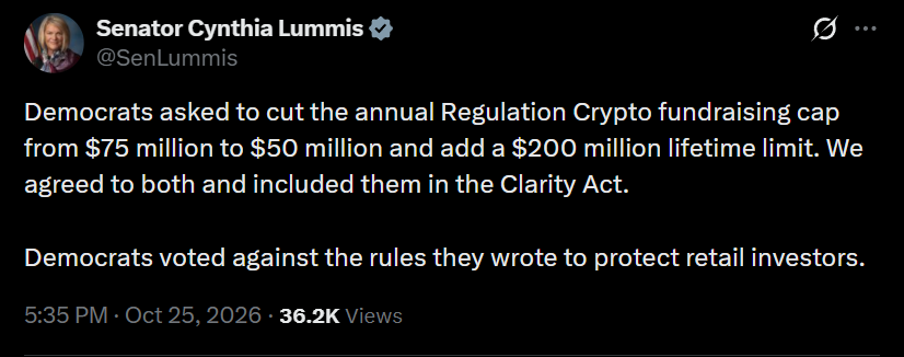美国加密货币监管:辛西娅·卢米斯称民主党拒绝了他们要求的《CLARITY法案》限制-区块链文库