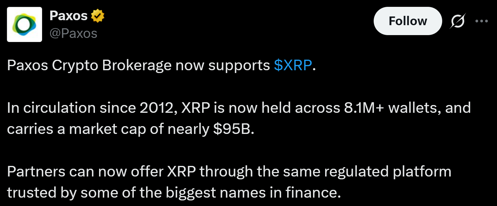 XRP今日新闻:Paxos增加对XRP的支持,价格下跌4.21%-区块链文库