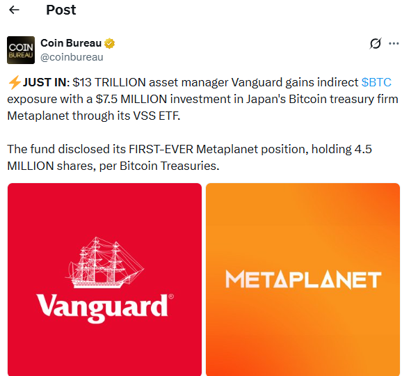 先锋投资750万美元于Metaplanet，比特币面临关键市场考验-区块链文库