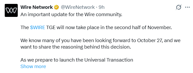 Wire Network加密项目TGE延期至11月:主网上线在即-区块链文库