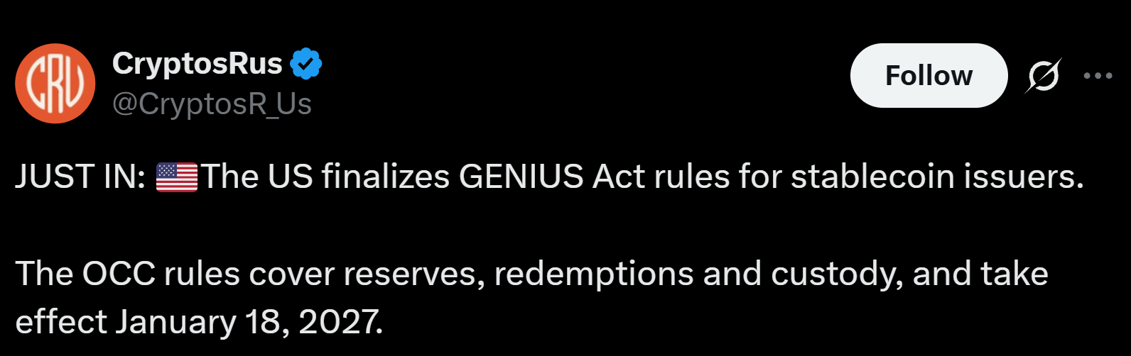 《GENIUS法案》规则最终确定:1月18日截止日期或将令发行方震惊-区块链文库