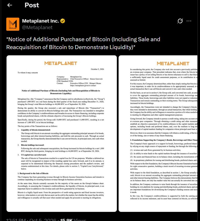 Metaplanet股票上涨,因第三季度比特币持仓量达到44,000 BTC-区块链文库