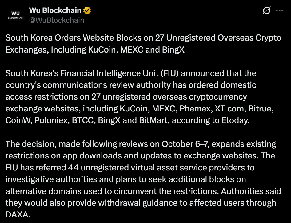 韩国加密货币新闻:KuCoin和MEXC遭封禁,还有哪些平台被拦截?-区块链文库