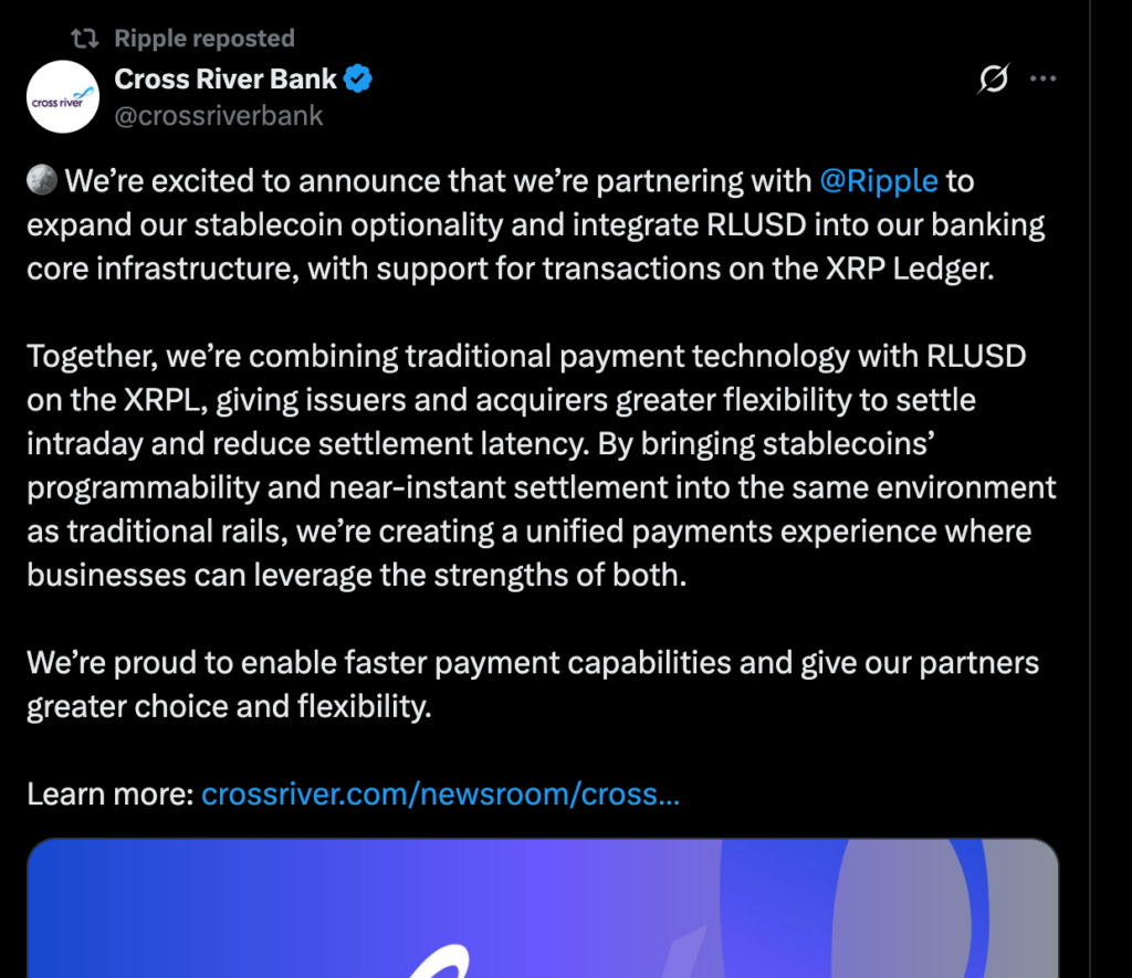 XRP新闻:瑞波RLUSD稳定币通过与Cross River的合作进入美国银行业-区块链文库