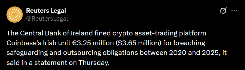 加密货币监管新闻:爱尔兰中央银行因规则违规对Coinbase子公司处以325万欧元罚款-区块链文库